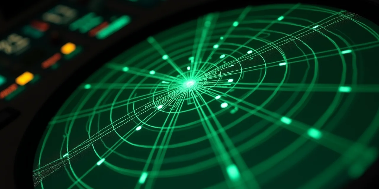 An air traffic control radar console with a circular green sweep display showing multiple tracked targets as glowing blips on intersecting approach paths,  some targets converging toward a central hub point and others in holding patterns on the periphery