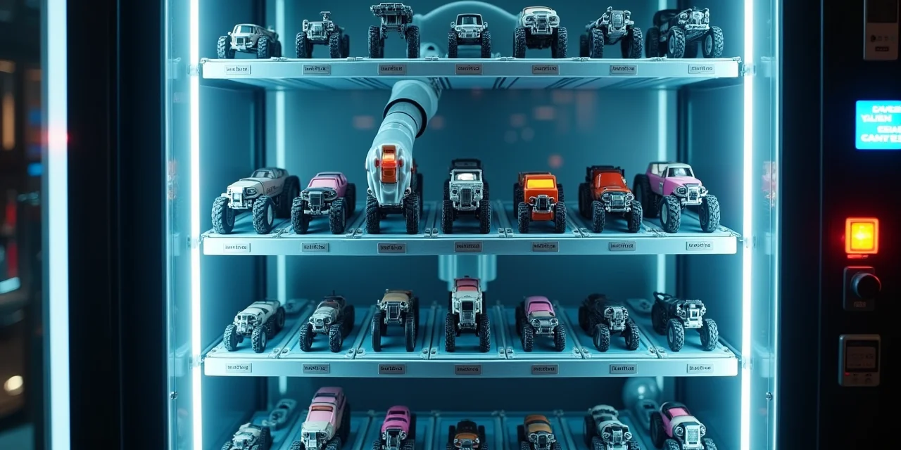 A vending machine with transparent front panel showing dozens of different model configurations in slots