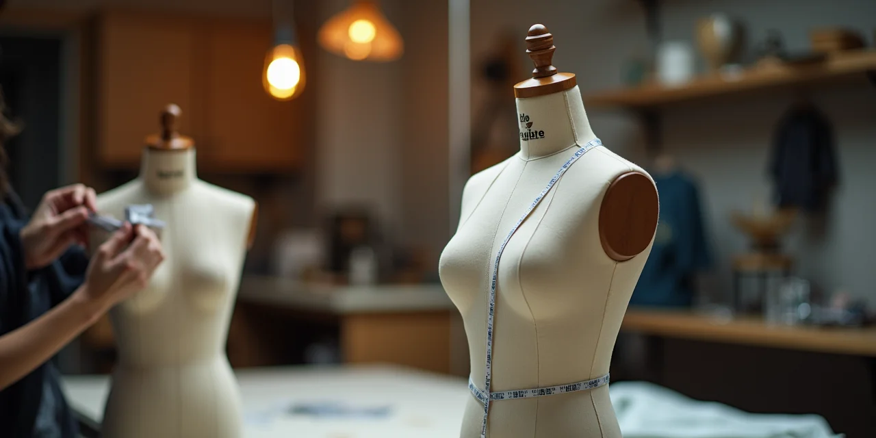 A tailor's mannequin with pins and measuring tape