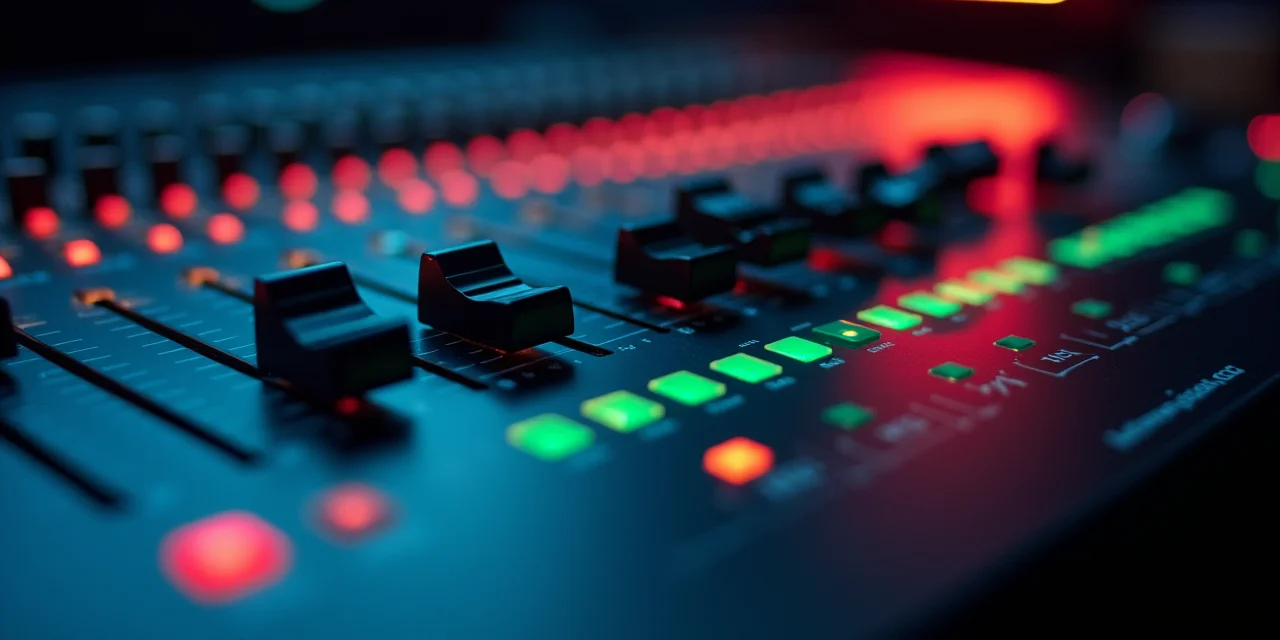 A graphic equalizer with motorized faders in motion