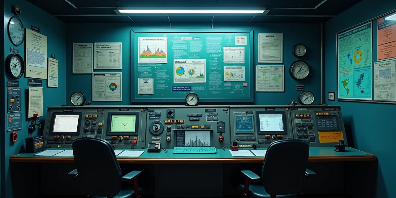A reservoir control room with water level gauges