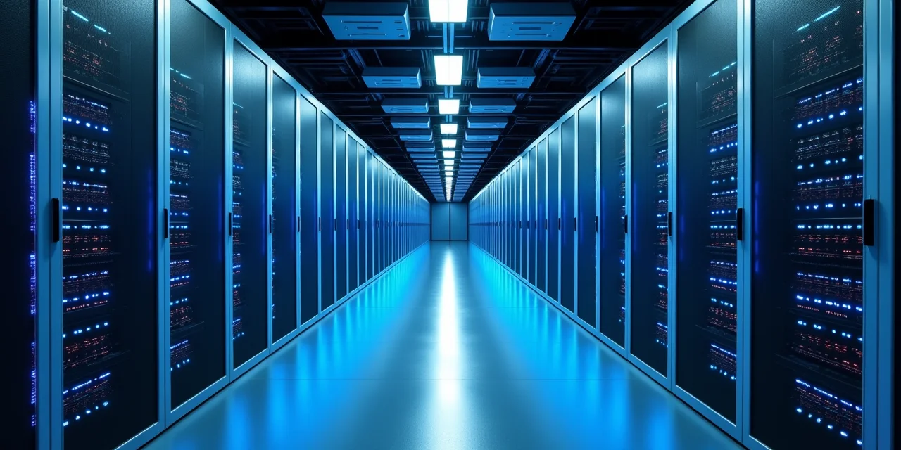 A massive data center corridor stretching into the distance with blue LED-lit server racks on both sides and cold ais...