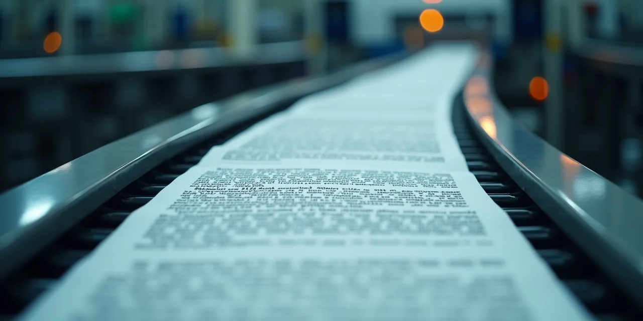 A long assembly line with text documents entering one end and progressively being annotated