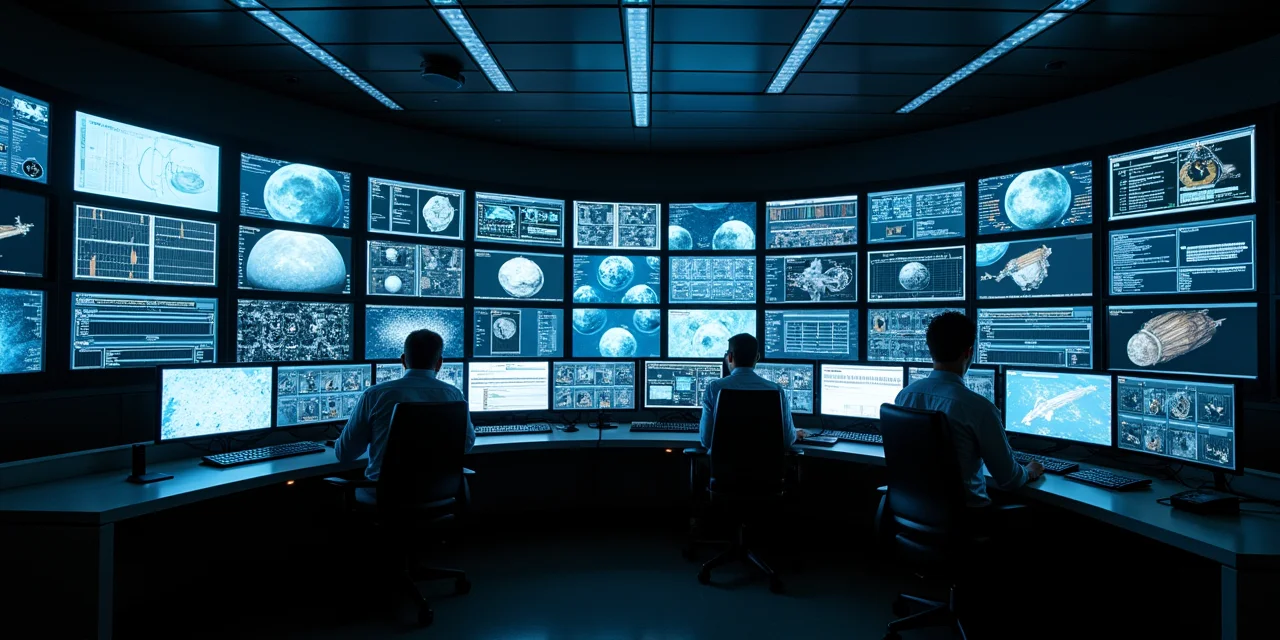 A mission control room with multiple screens showing different telemetry feeds arranged in a semicircle