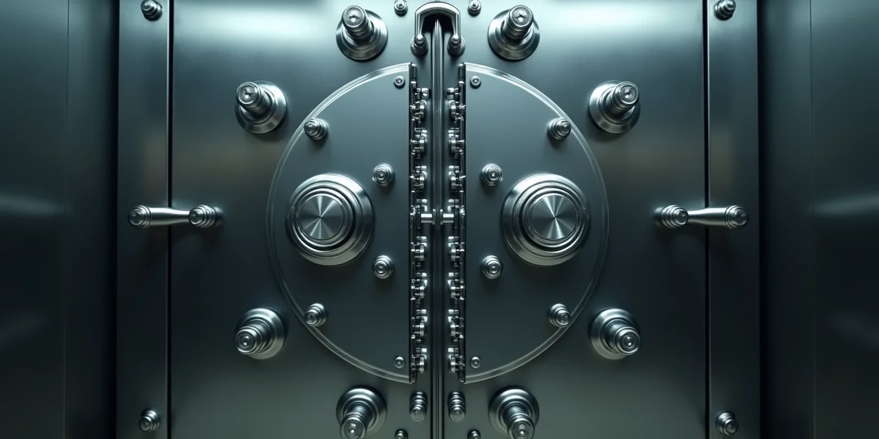 A bank vault door mechanism showing a dual-combination lock system