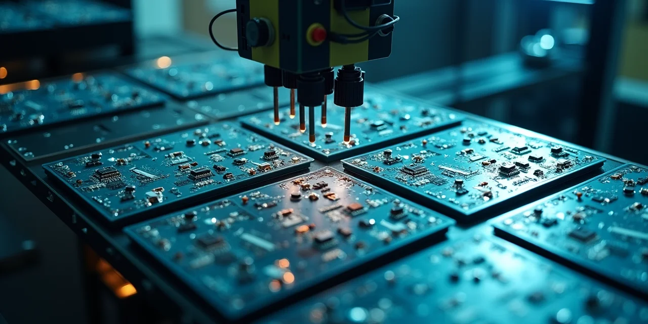 A robotic pick-and-place machine assembling different component arrangements on identical blank PCBs