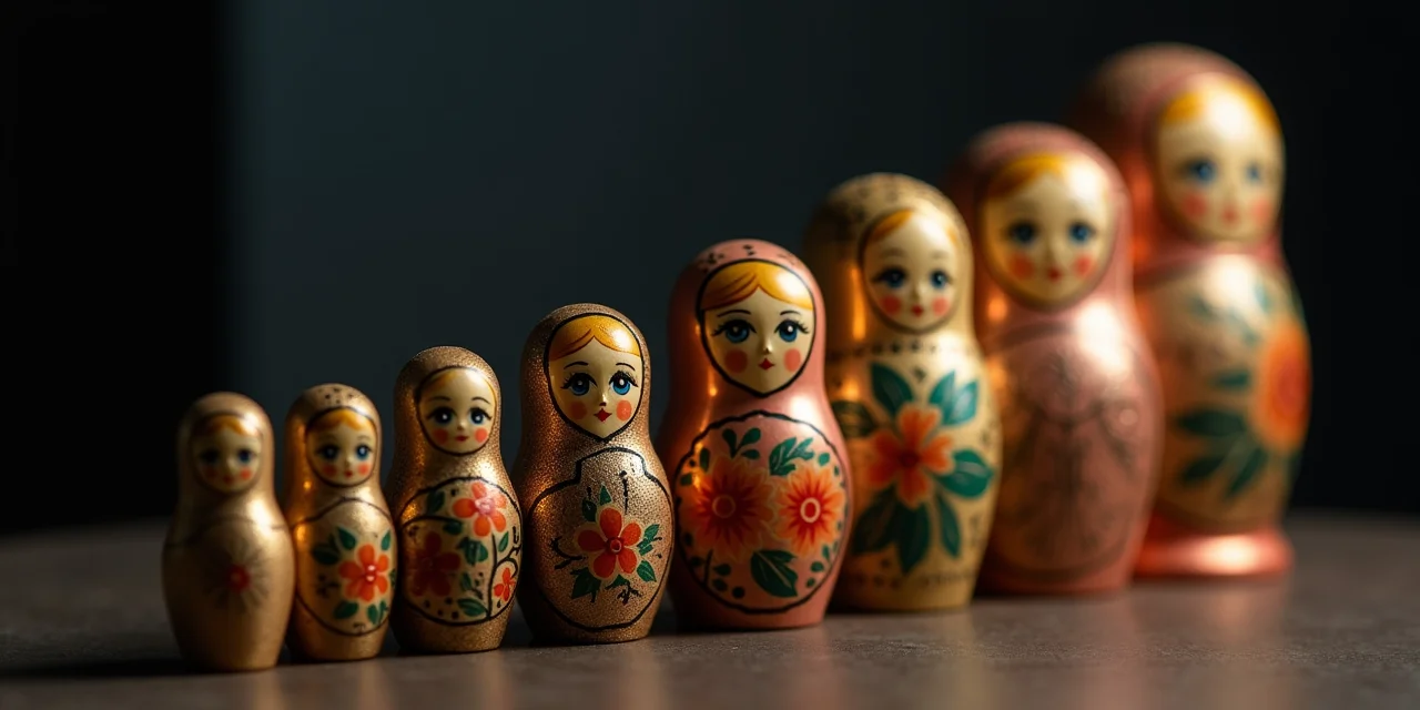 A set of Russian nesting dolls partially opened showing each progressively smaller doll inside
