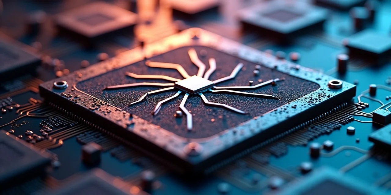 A neuromorphic processor chip die under electron microscope magnification