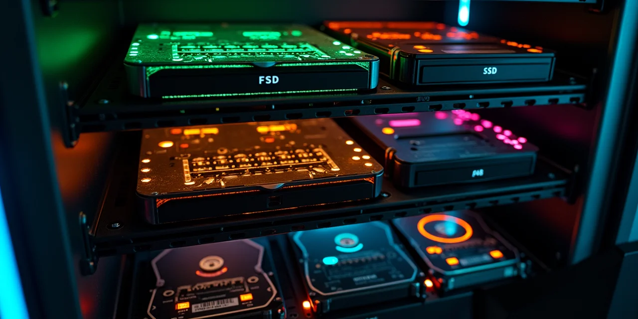 A three-level shelf unit with the top shelf holding fast SSD drives with green LEDs