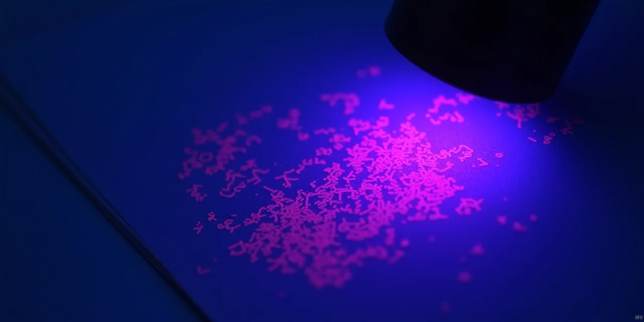 A UV blacklight revealing hidden fluorescent markings on an otherwise normal-looking document