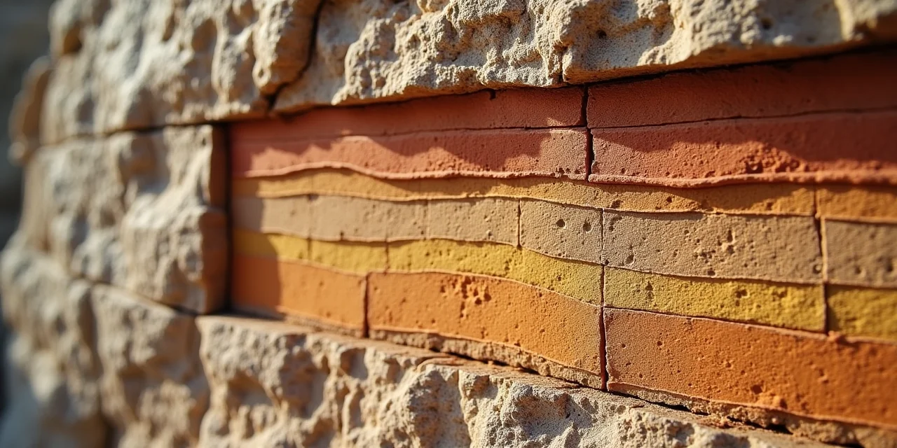 Cross-section of geological strata showing distinct colored layers of sediment and rock built up over time