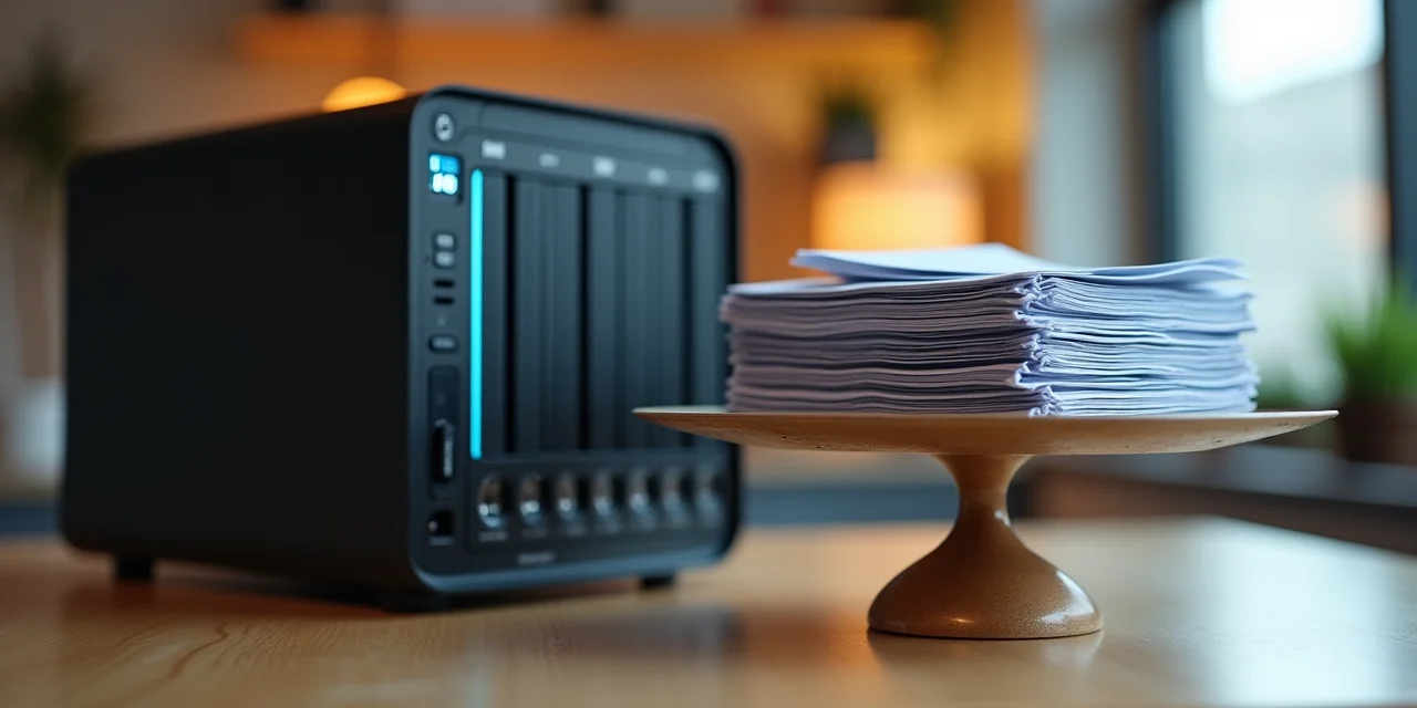 A single compact GPU server on a desk next to a stack of cloud service invoices being weighed on a balance scale