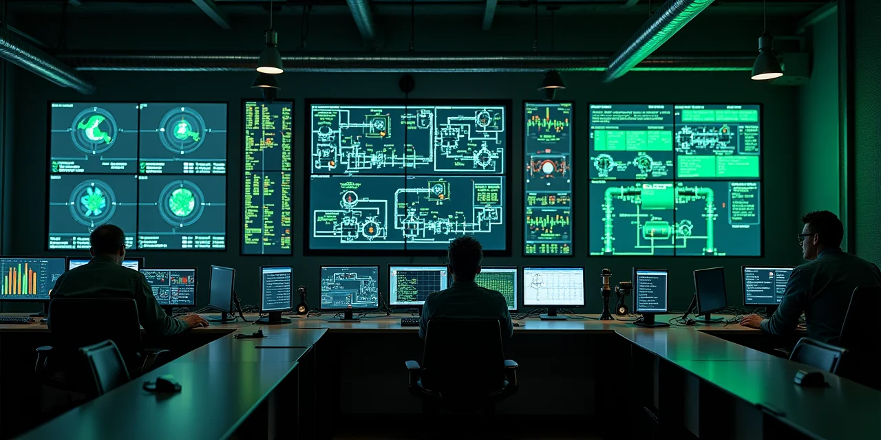 An industrial control room with SCADA screens showing pipeline status