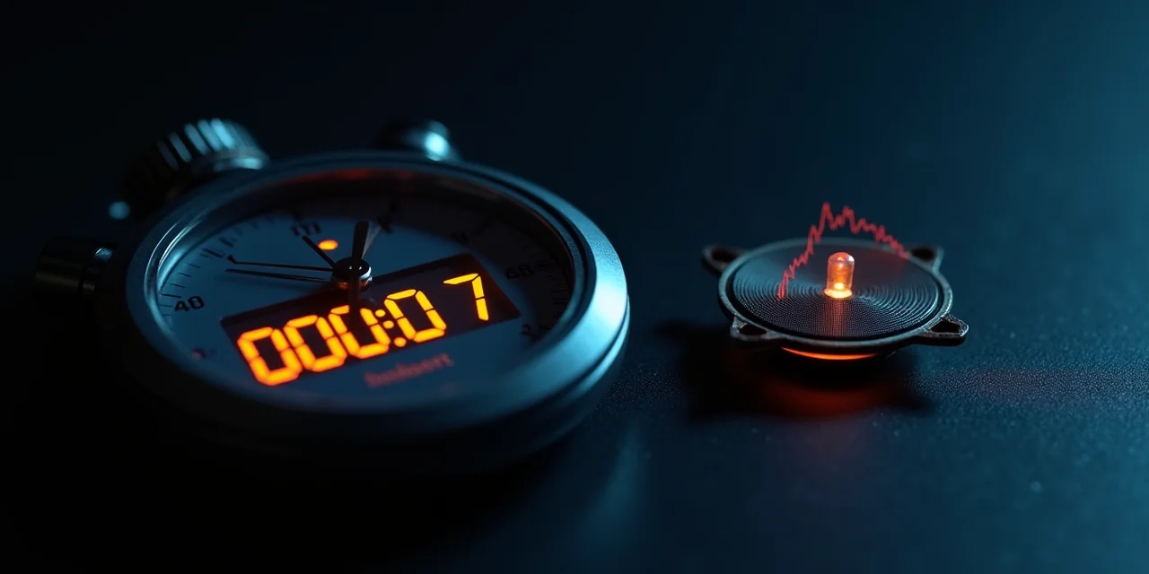 A precision digital stopwatch frozen at 00:00.097 sitting next to a tiny speaker driver with visible sound waves eman...
