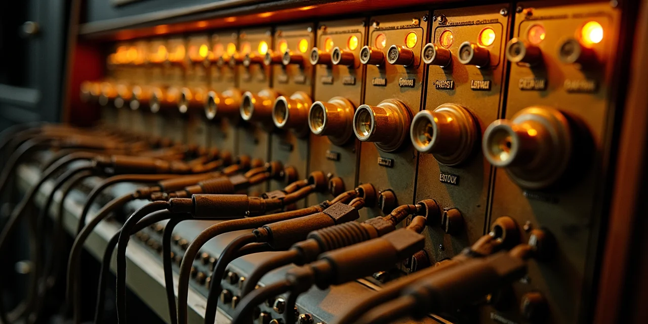 A telephone switchboard with dozens of patch cords connecting different jacks