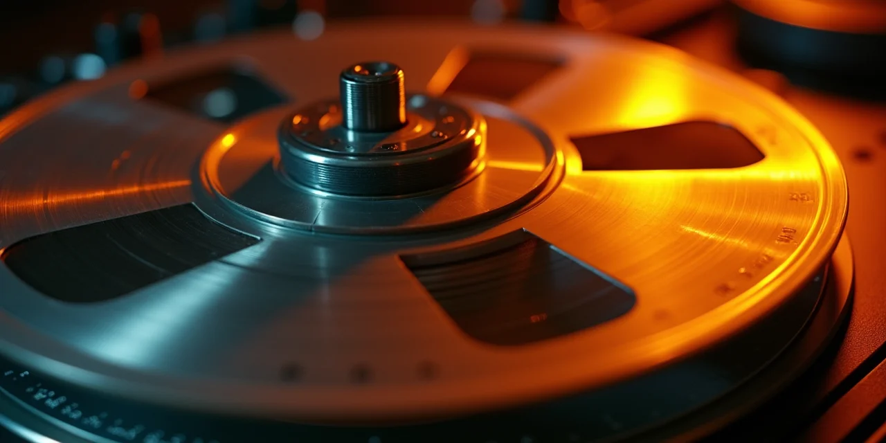 A reel-to-reel tape recorder with the magnetic tape running cleanly past the playback head for the first few inches then visibly bunching and creas...