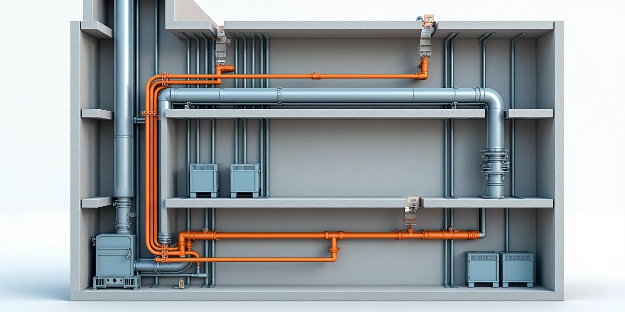 A cross-section of a building infrastructure wall showing vertical pipe risers running between three floor levels and horizontal cable conduits running along each floor ceiling,  the vertical and horizontal systems physically distinct in material and color but connecting at junction boxes on each floor