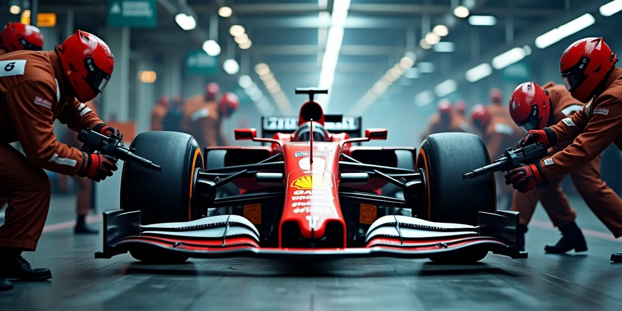 A Formula 1 pit stop with the car elevated and multiple pneumatic tools working simultaneously on different parts