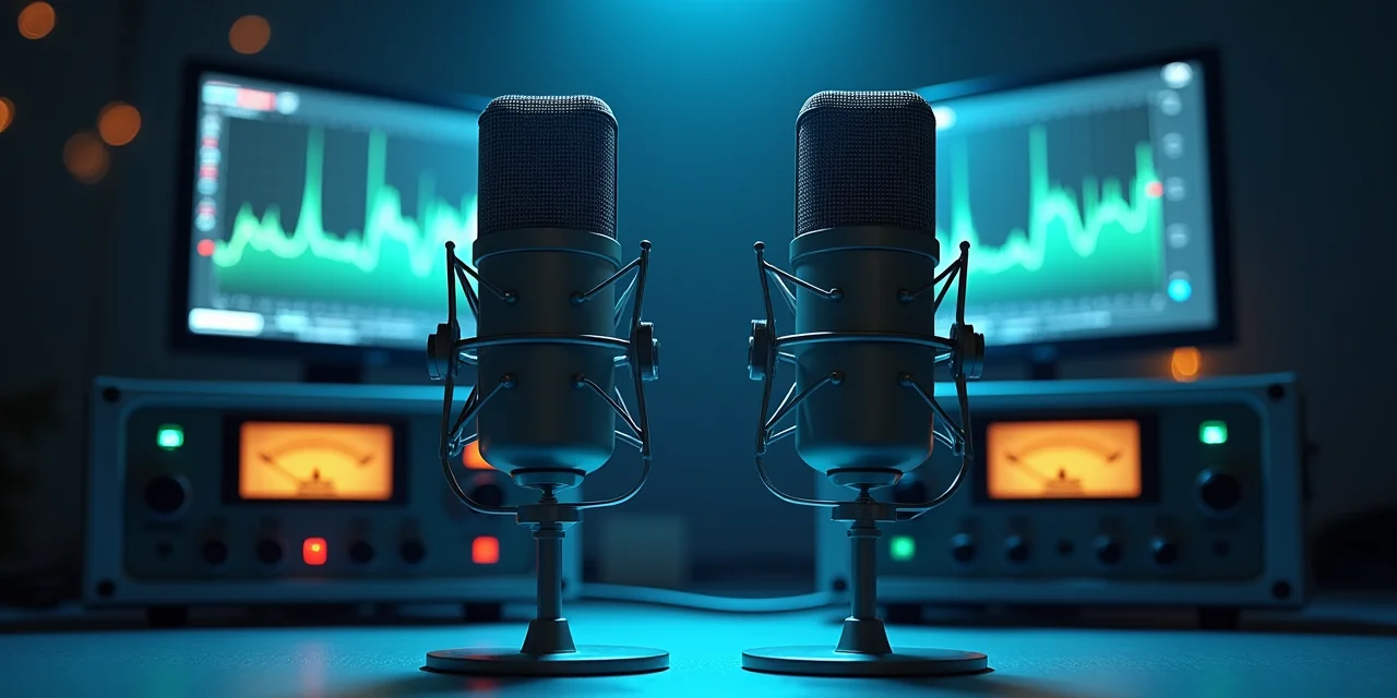 A laboratory testing station with two precision measurement microphones facing each other across a calibrated gap, analog VU meters and spectrum an...