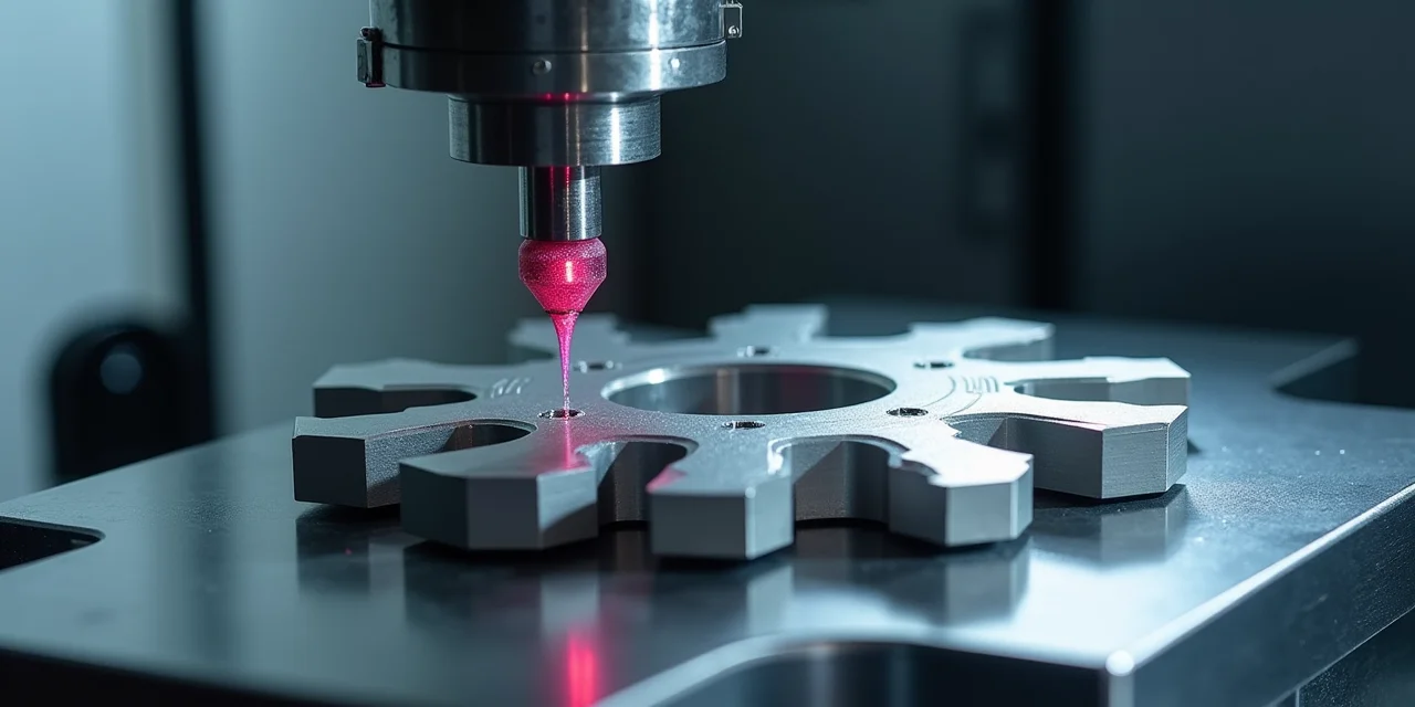 A coordinate measuring machine with its ruby-tipped probe touching the surface of a precision-machined metal part