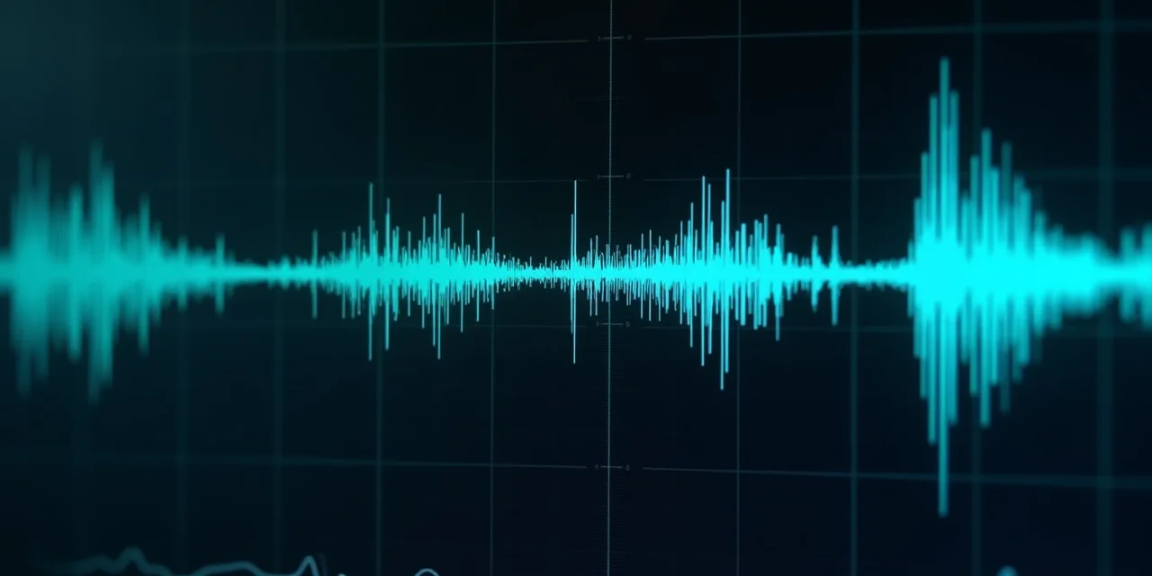 A spectrogram display on a dark oscilloscope screen showing a compact 3-second reference audio clip on the left with a dramatically longer synthesi...