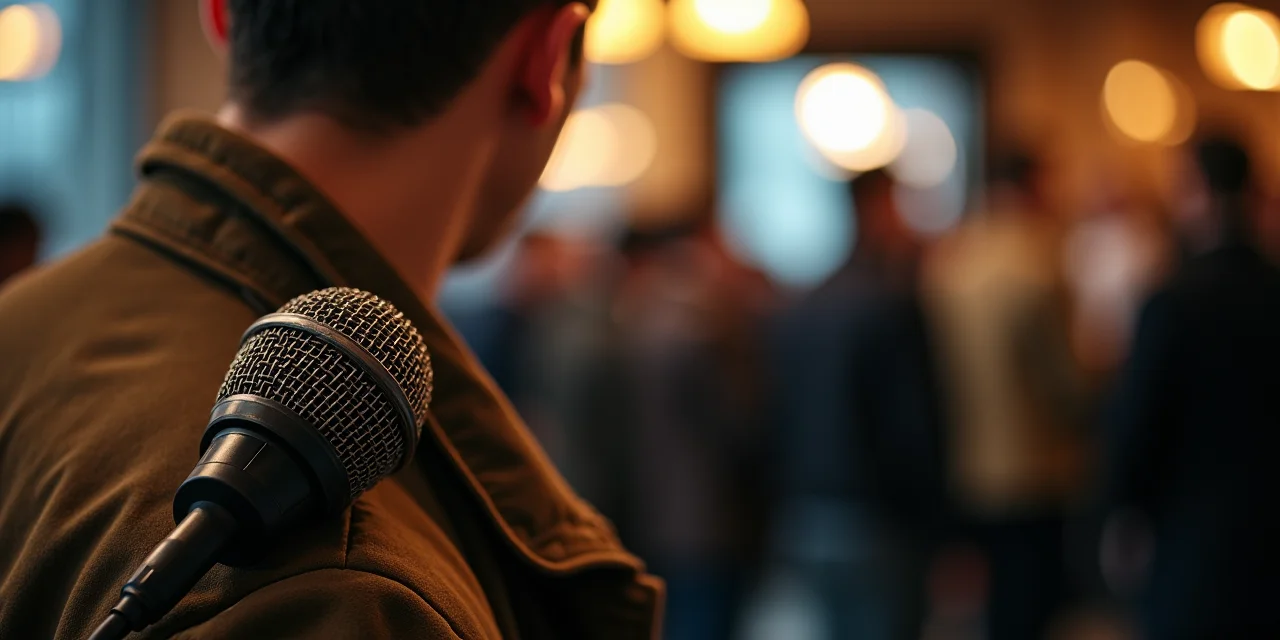 A lavalier microphone in a noisy café environment, illustrating the gap between controlled benchmark conditions and real-world voice agent deployments
