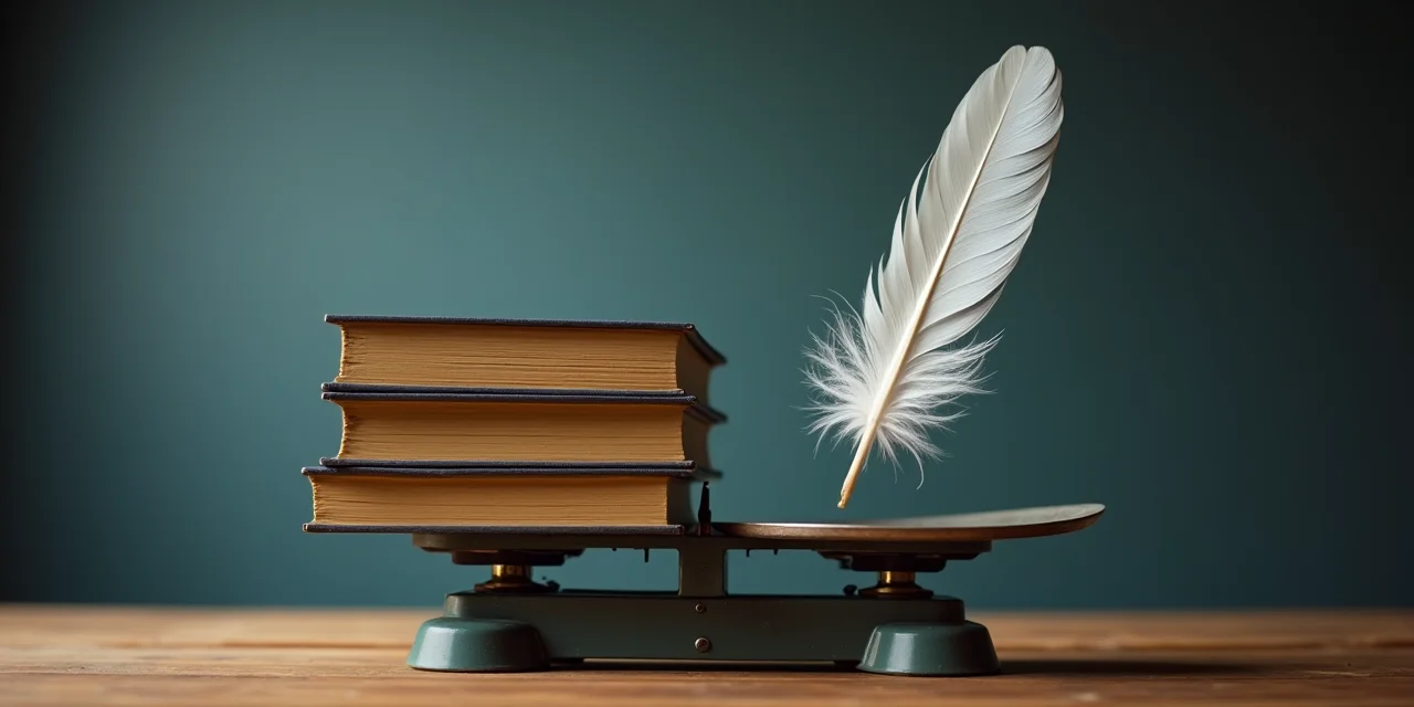 A kitchen scale weighing a single feather against a stack of heavy books
