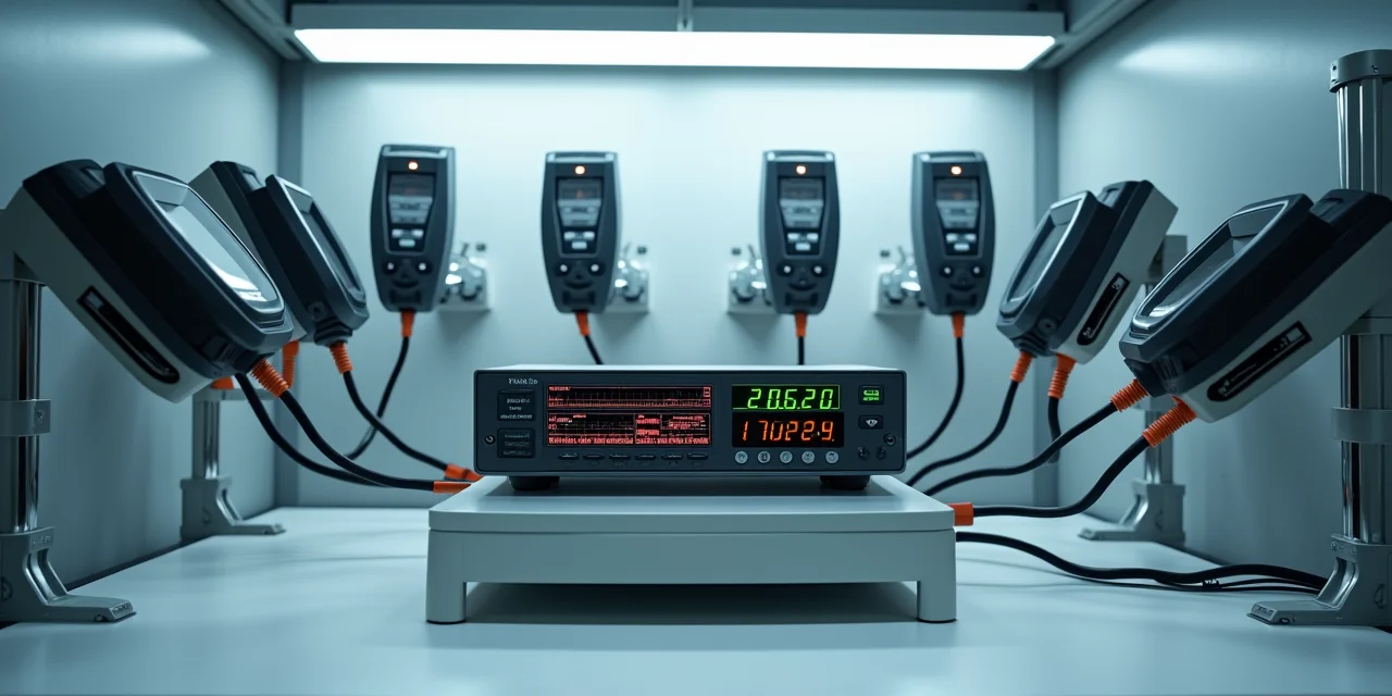 A compliance testing station with an electronic device under test connected to a battery of specialized verification instruments on probe arms,  each probe checking a different regulatory parameter