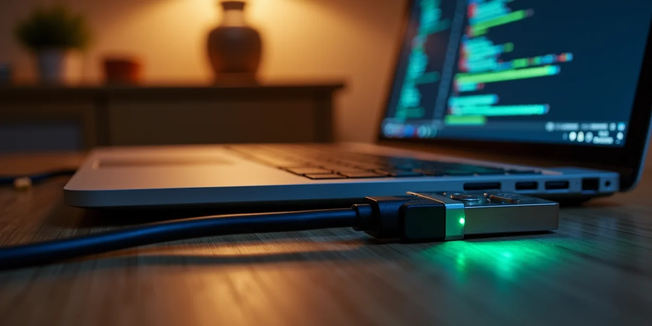 A laptop sitting on a kitchen table running an absurdly thick bundle of cables into a tiny USB port
