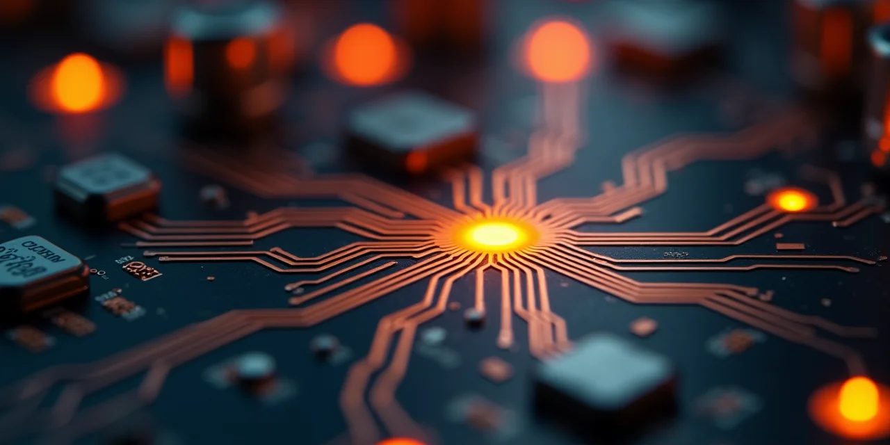 Circuit traces branching from a single point, one illuminated path leading to a speaker — representing beam search selecting the best speech path