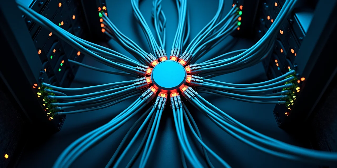 A physical network cabling installation viewed from directly above showing a central distribution hub with dozens of cables radiating outward to peripheral nodes in a clean hub-and-spoke topology,  the hub junction glowing bright with activity while some spoke endpoints show disconnected or fault indicator lights