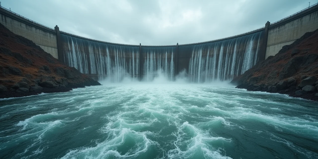 A dam wall holding back a massive reservoir of water with visible cracks and stress fractures