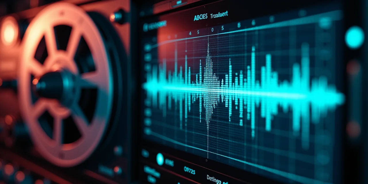 An audio digitization workstation with a dense magnetic tape reel on the left and a digital storage medium on the right showing only sparse, widely...