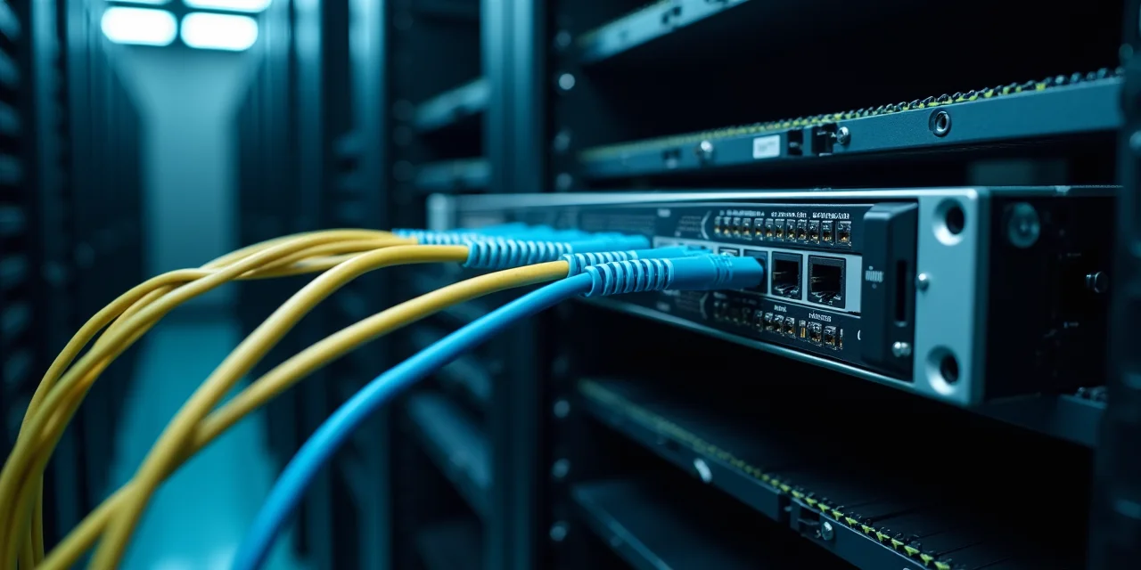 A single server module with three distinct cable types converging from different directions — fiber optic, standard ethernet, and coaxial cables — ...