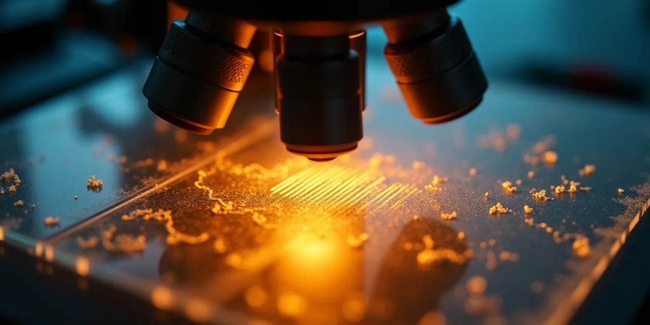 A microscope examining audio waveform patterns on a glass slide, some synthetic and uniform, others organic and irregular
