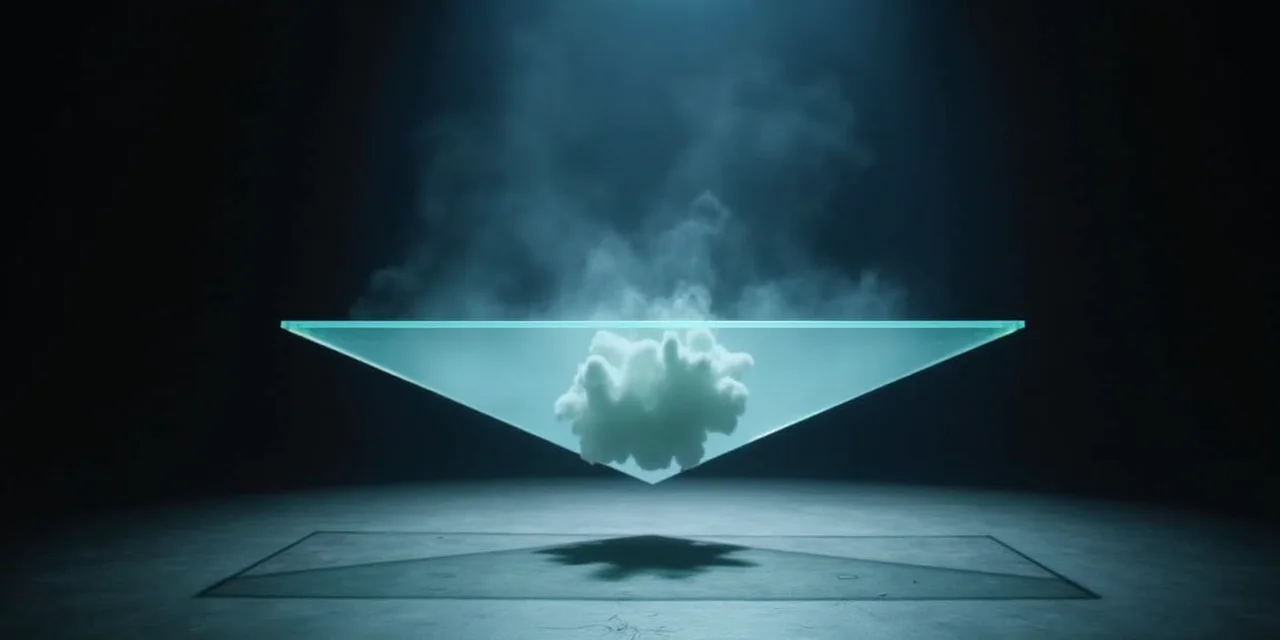 A Pepper ghost theatrical illusion apparatus showing a sheet of angled glass reflecting an object from a hidden compartment below to create a phantom image that appears to float above the stage surface,  the deception mechanism visible from this behind-the-scenes angle revealing the glass and hidden source