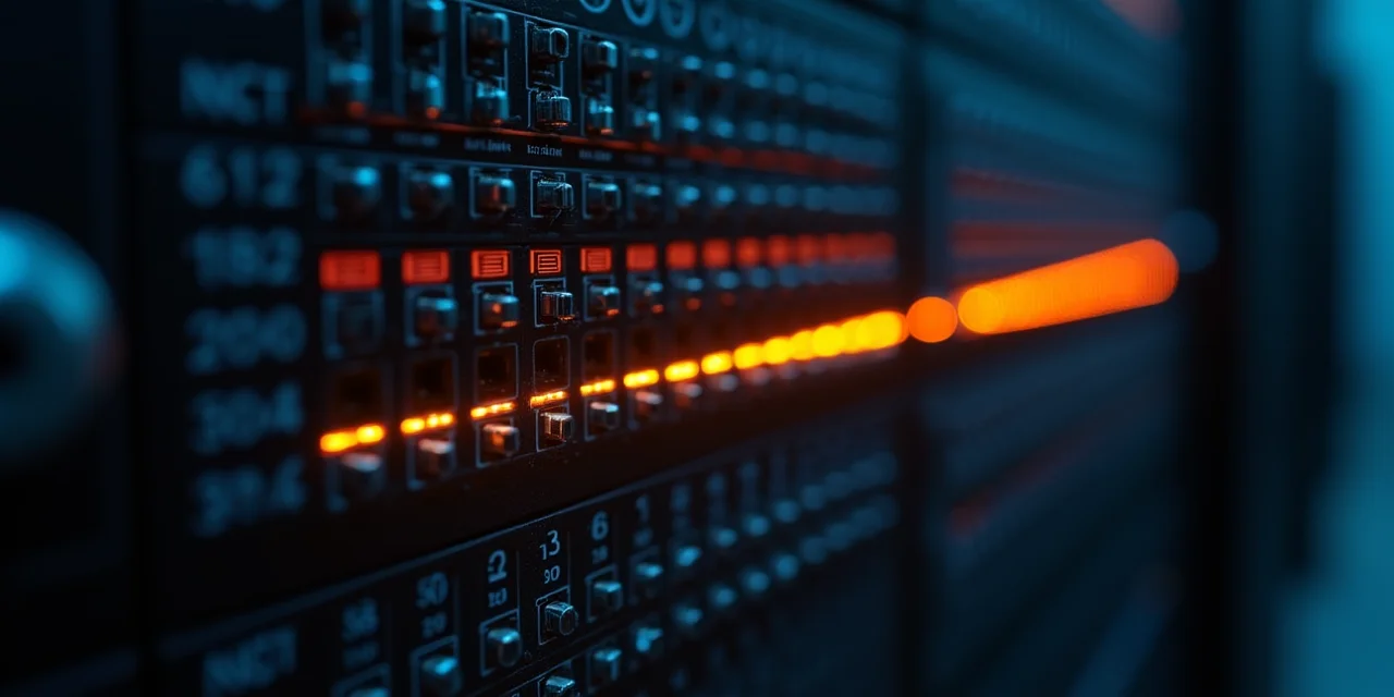 A network switching matrix panel with labeled input ports on the left and output ports on the right, one specific signal path illuminated amber thr...