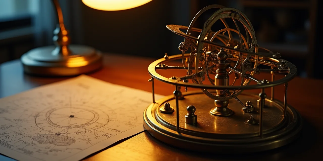 A brass orrery with interlocking gear-driven planetary orbits glowing under warm desk lamp light beside a flat printed star chart on the same table...