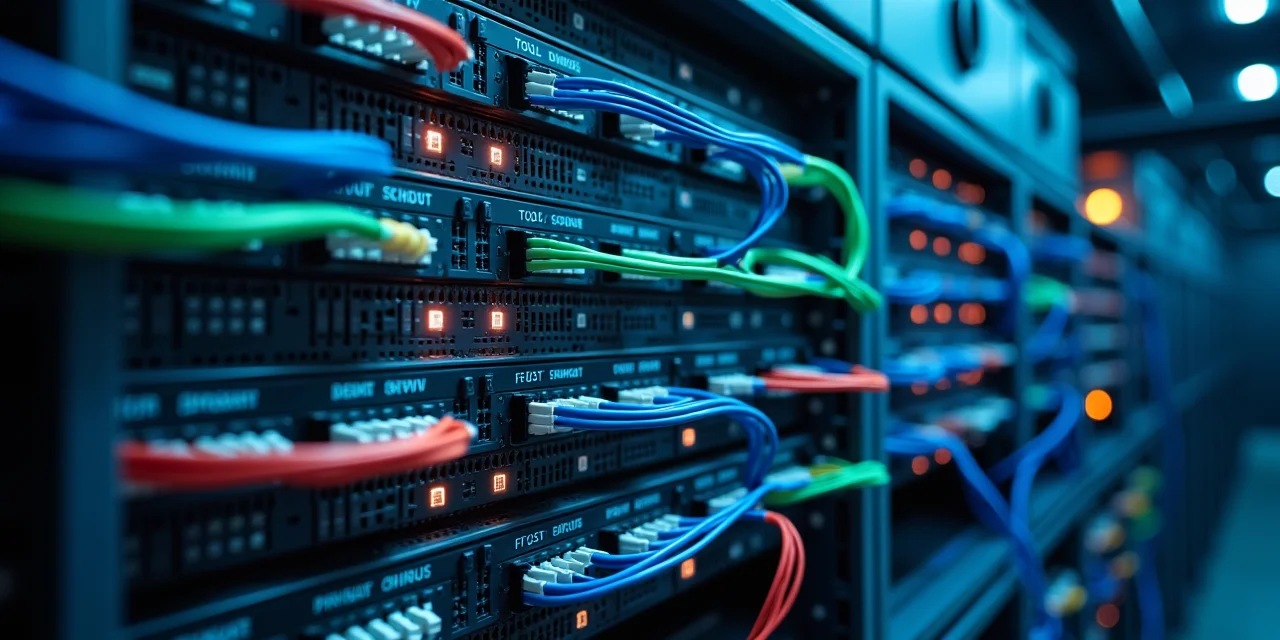 A structured cable management panel with dozens of color-coded patch cables running from a central switch to labeled server modules, each cable col...