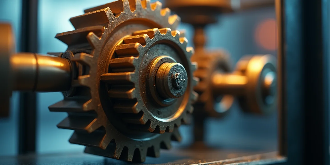 Two precision gear systems connected in series inside a glass-sided industrial casing, a large input gear driving a smaller gear for speed increase...