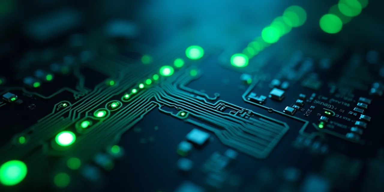 A circuit board with branching trace paths illuminated in sequence, the leftmost branch brightly lit as the selected path while parallel branches r...