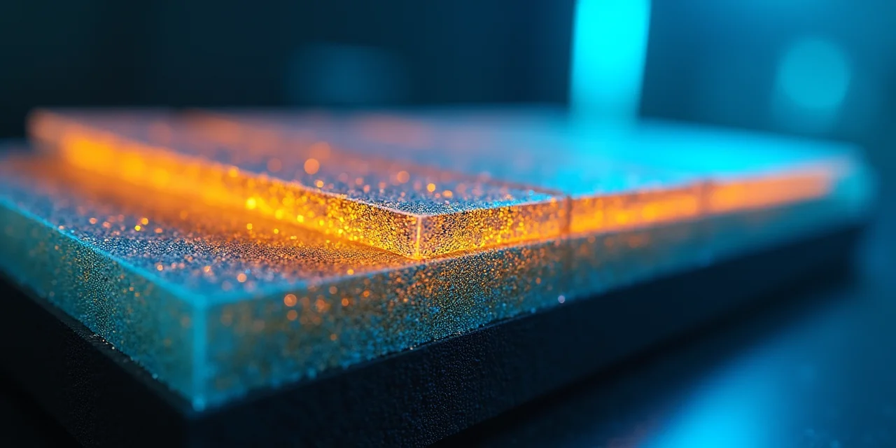 A cross-section of layered data storage media under laboratory lighting, most layers compressed to ultra-thin densely packed sheets while standard ...