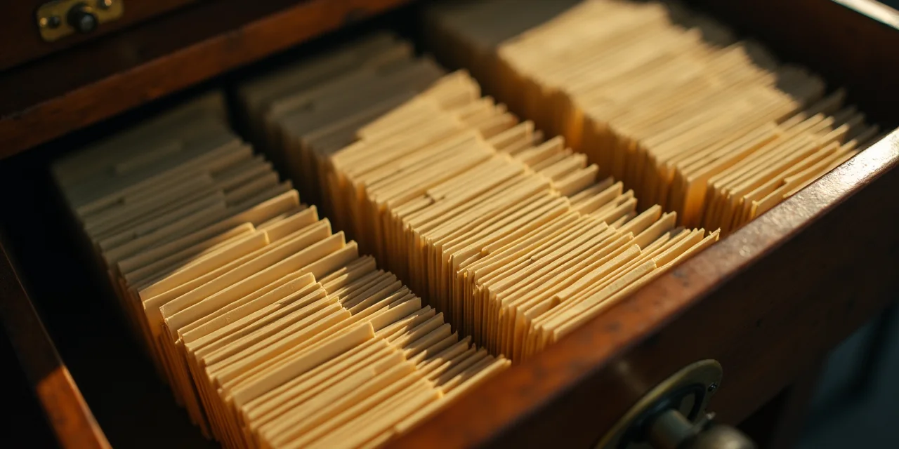 A library card catalog with thousands of individual index cards compressed into a single compact drawer, warm archival reading room light casting s...