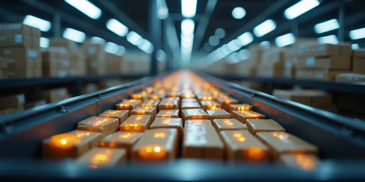 An automated package sorting conveyor with similar-colored items clustering into the same few destination bins rather than distributing randomly, a...