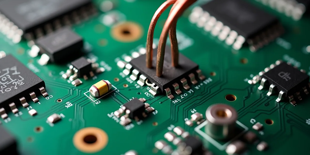 A circuit board with component leads visibly bent mid-air as if in the process of rerouting themselves to new solder points, some leads stretched t...