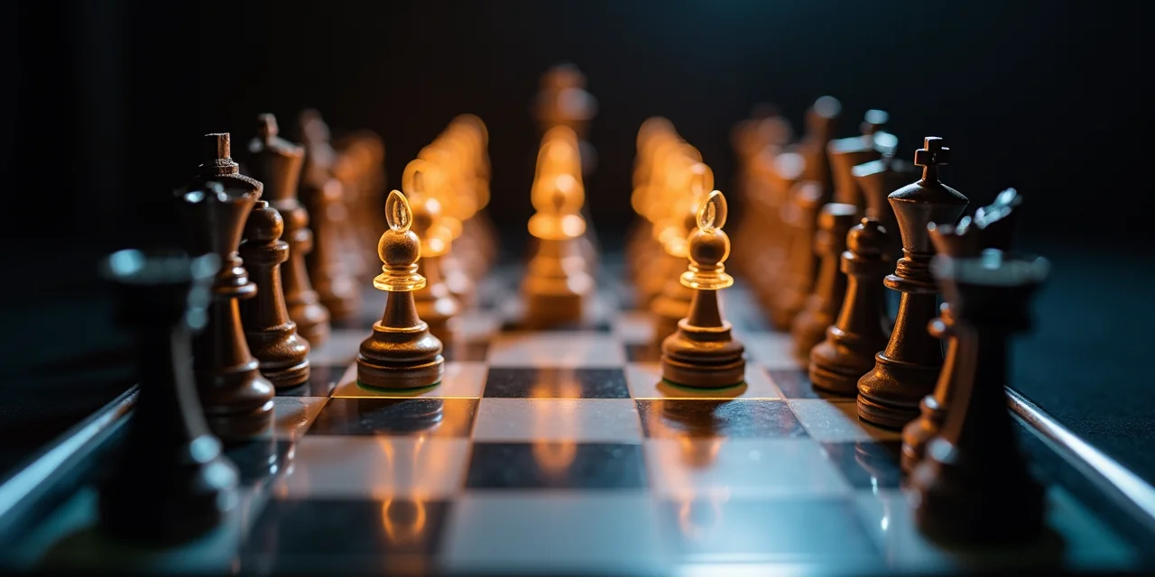 A chess board mid-game with a transparent holographic grid overlay projecting the next five moves as glowing amber path markers floating above the ...