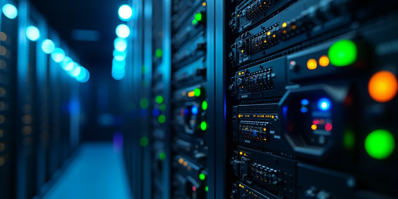 Server rack with colored LED indicators representing different workload states in a fleet inference deployment