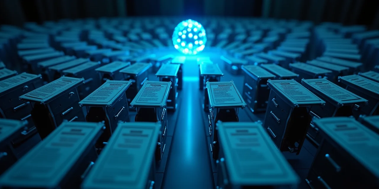 Library index cards in a modular grid, some highlighted, connected to a central orb — representing structured content being indexed by AI crawlers