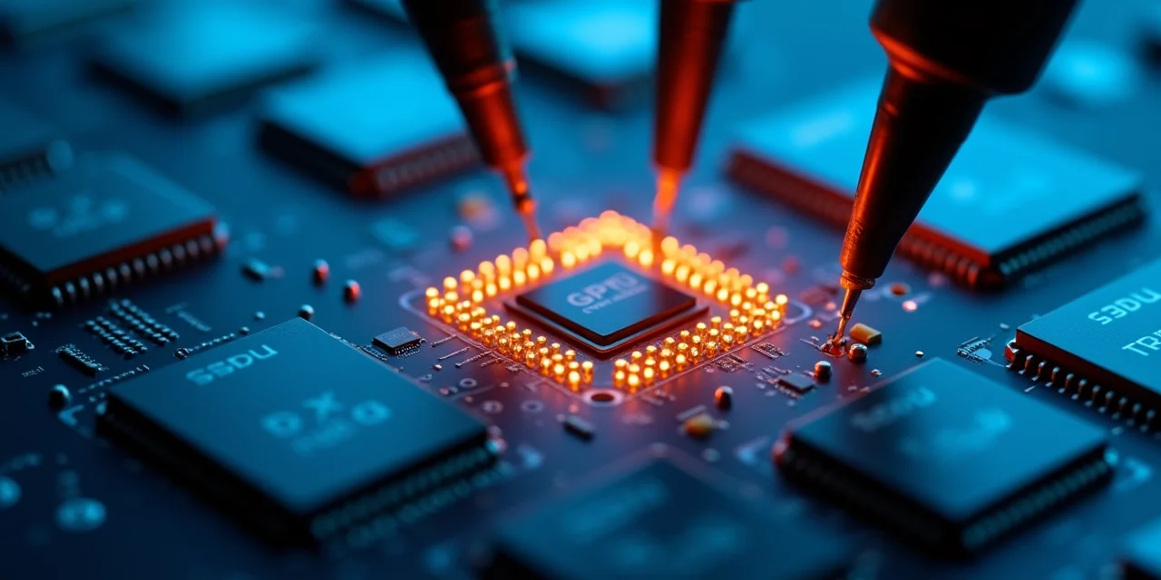GPU chips in a test fixture with diagnostic probe arms, one lit in amber under inspection while others wait in cool blue light