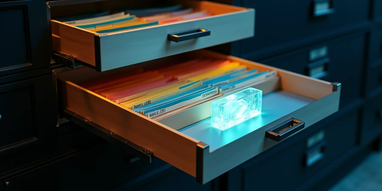 Three nested filing drawers representing working memory, episodic memory, and semantic memory in a hierarchical agent architecture